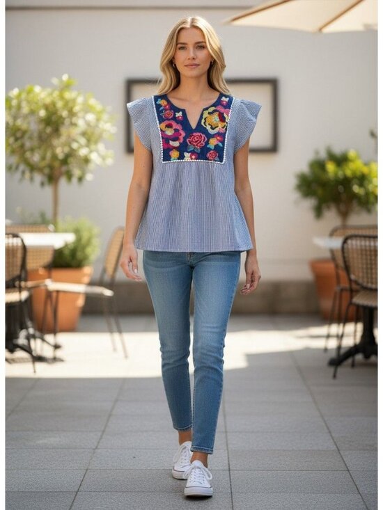 Savanna Jane Tops - Savanna Jane Embroidered Striped Flutter Sleeve Top Blue White Small Cotton Blen